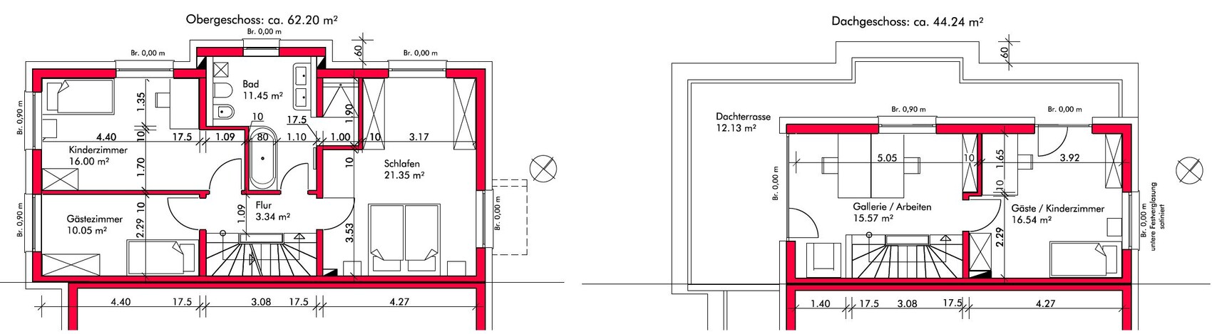Zweigeschossiger Grundriss: Obergeschoss und Dachgeschoss mit mehreren Zimmern, Bad und Terrasse.