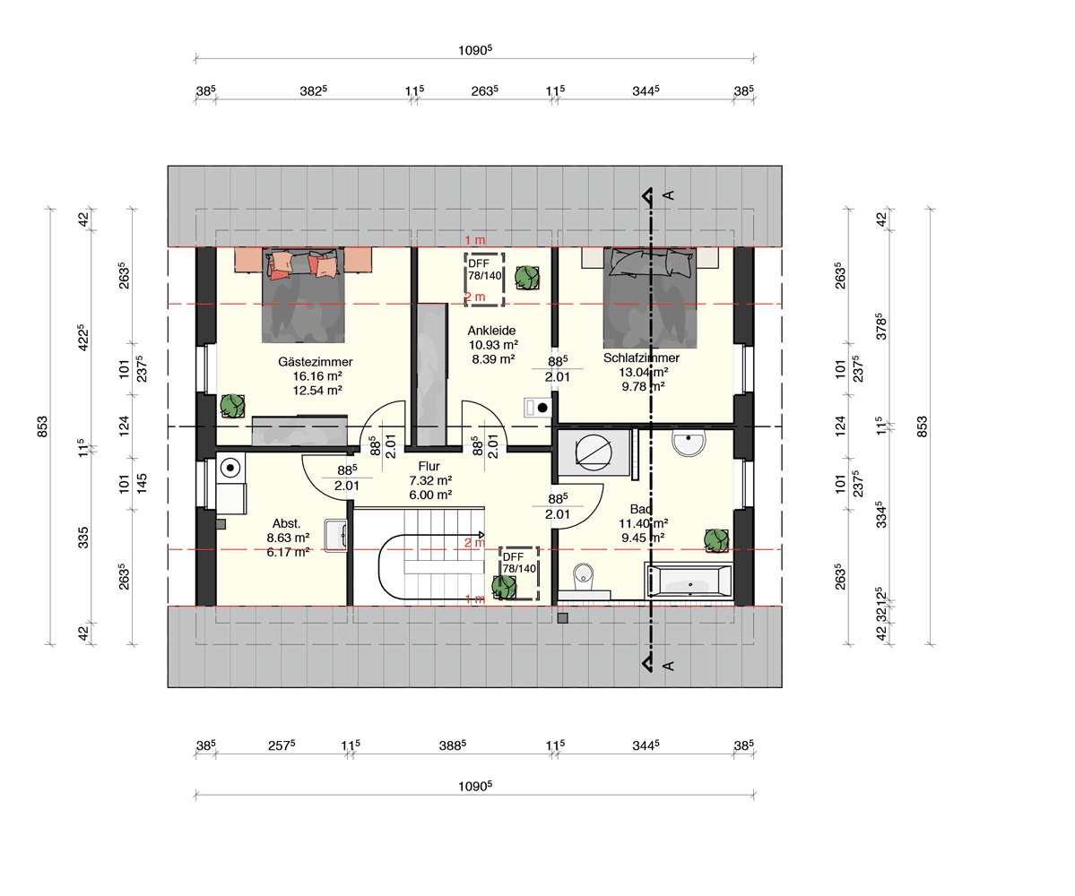 Dachgeschoss-Grundriss: Schlafzimmer, Gästezimmer, Ankleide, Bad, Flur, Abstellraum.