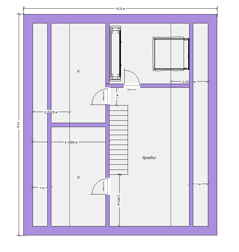 Grundriss eines Erdgeschosses mit Treppe, Türen, Spielflur und Maßangaben.