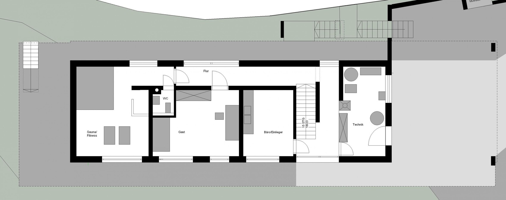 Grundriss eines Gebäudes von oben: Sauna/Fitness, WC, Gast, Büro/Einlieger, Flur, Technik.