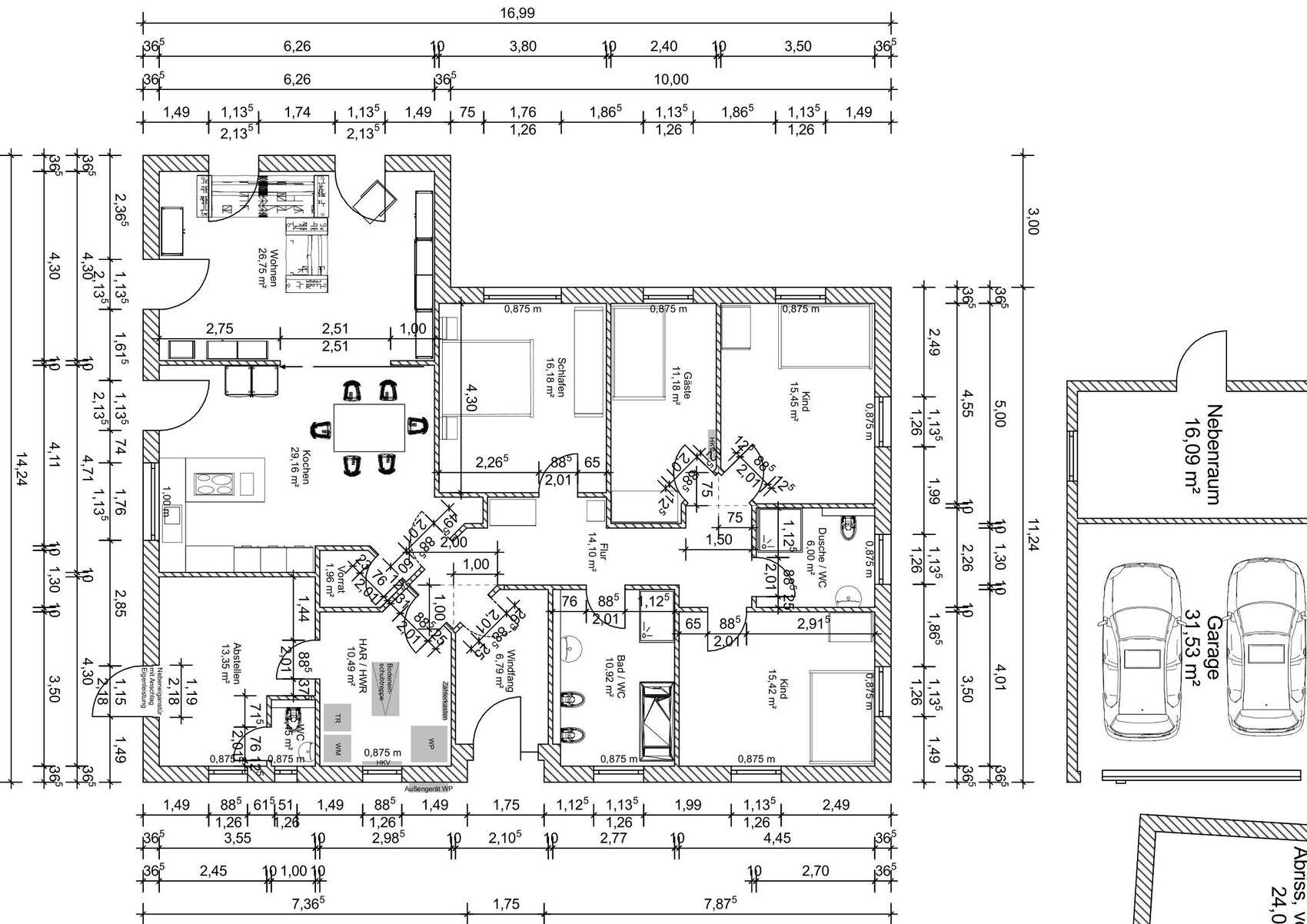 Grundriss eines Einfamilienhauses mit Küche, Esszimmer, Wohnzimmer, Schlafzimmer, Bad, Flur und Garage