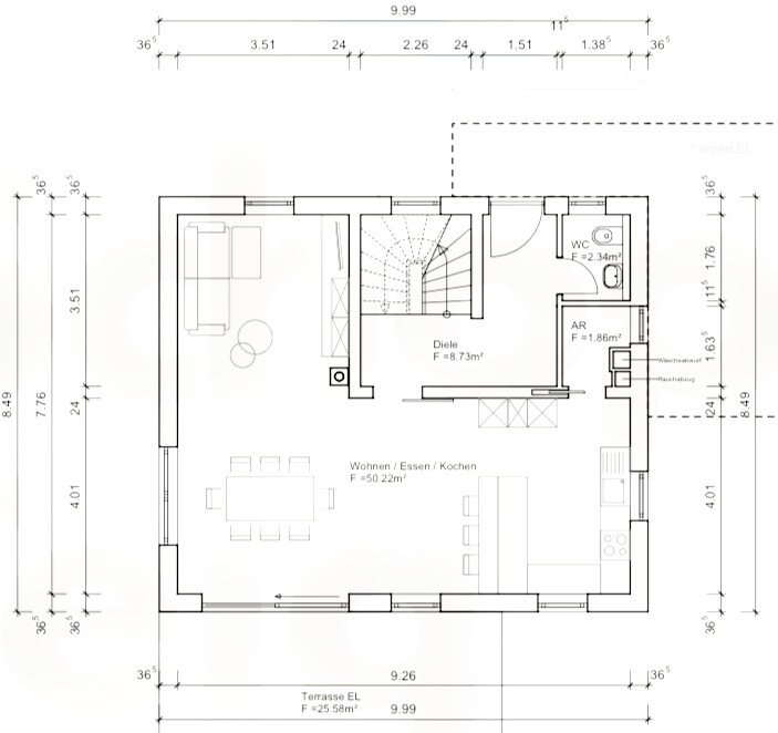 Grundriss eines Hauses: offenes Wohnen/Essen/Kochen, Diele, Treppe, WC, AR, Terrasse.
