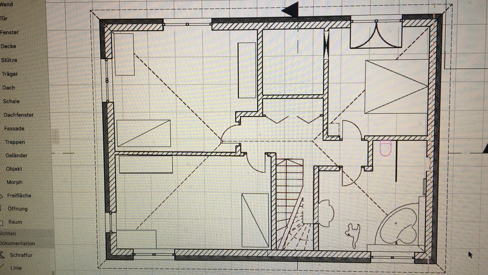 Grundriss eines Hauses: Innenwände, Türen, Treppen und Möbel im Raumplan.