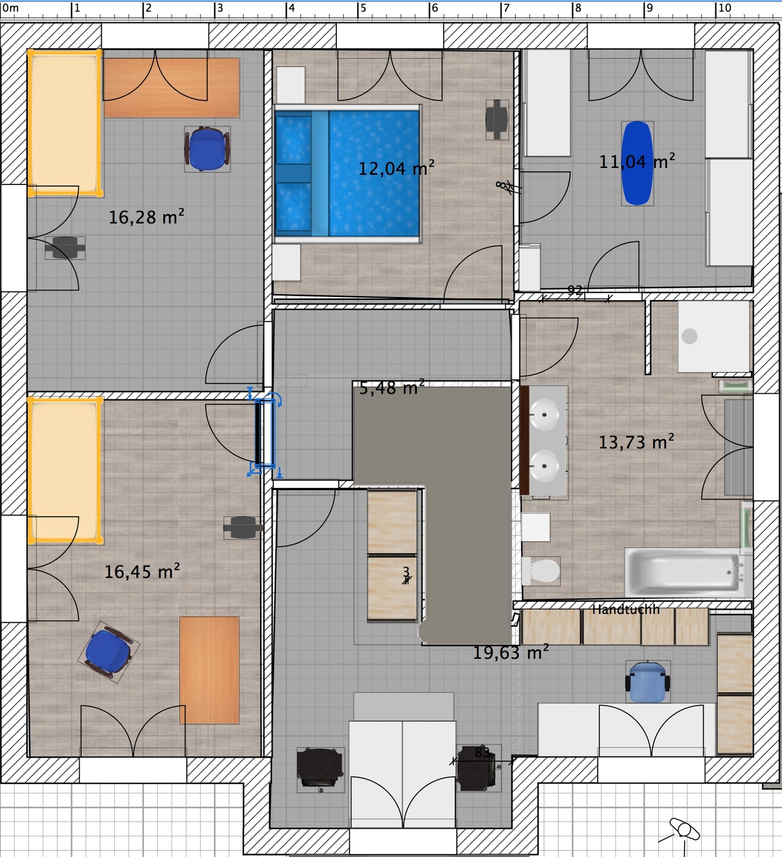 Grundriss eines mehrzimmerigen Hauses mit Betten, Bad, Küche, Büro und Flächenangaben in m².
