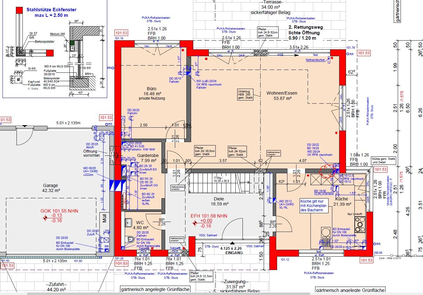 Grundriss eines Hauses mit Büro, Wohnen/Essen, Küche, Diele und Garage.
