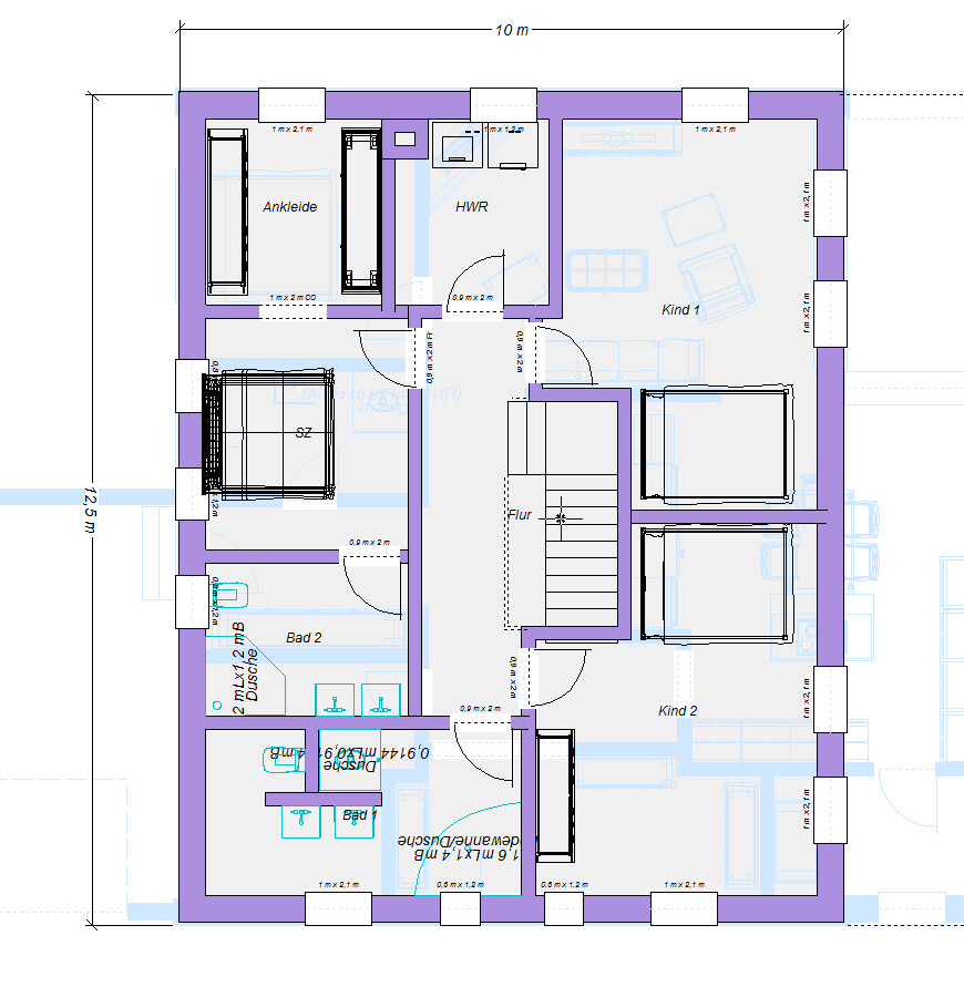 Grundriss eines Hauses: Flur, SZ, Ankleide, HWR, zwei Kinderzimmer, Bad 2.