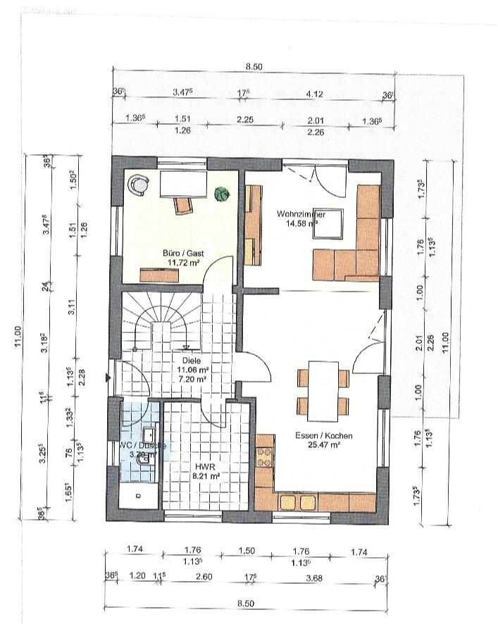 Grundriss eines Hauses: Diele zentral, Büro/Gast, WC/Dusche, HWR, Essen/Kochen und Wohnzimmer.