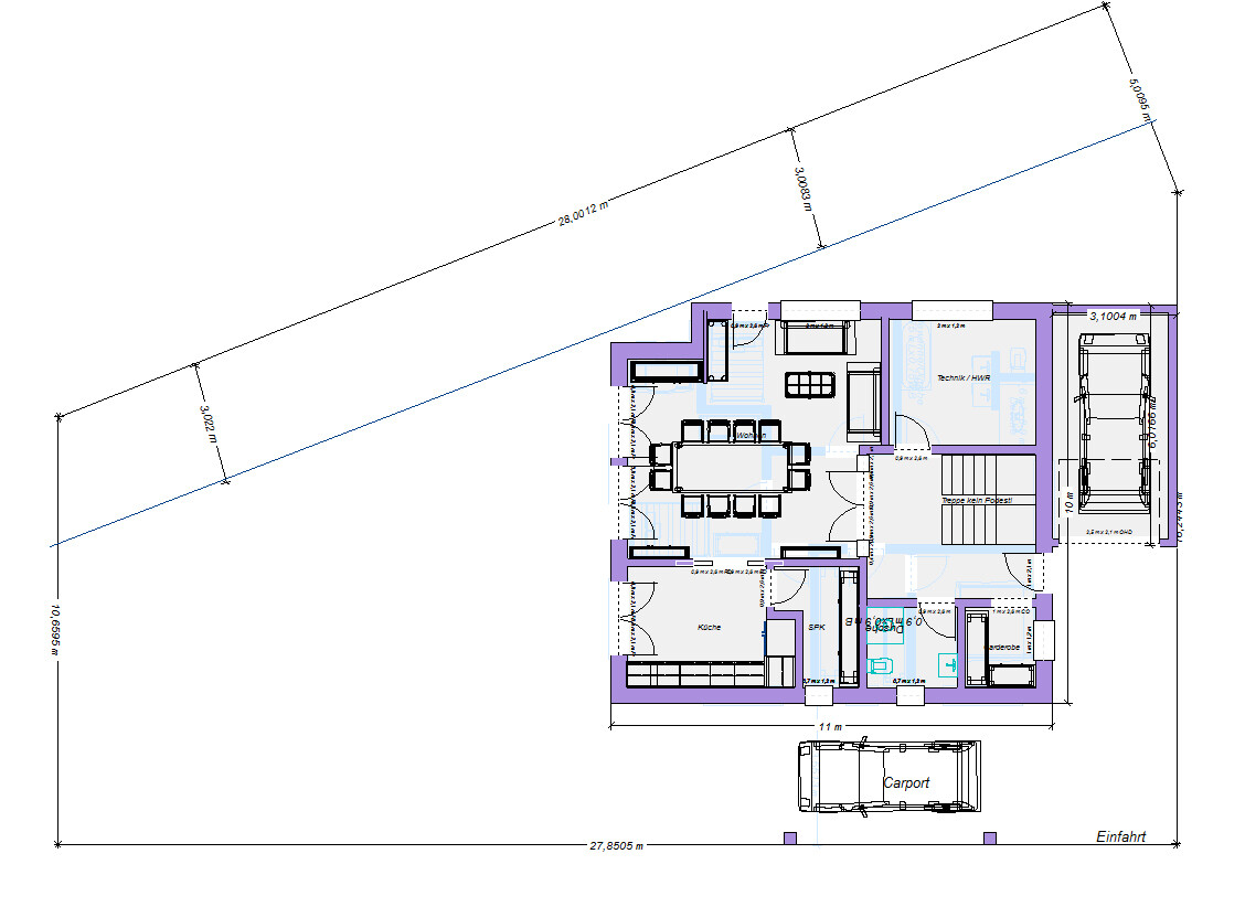 Grundriss eines Hauses mit Küche, Essbereich, Wohnzimmer, Bad, Flur und Carport.