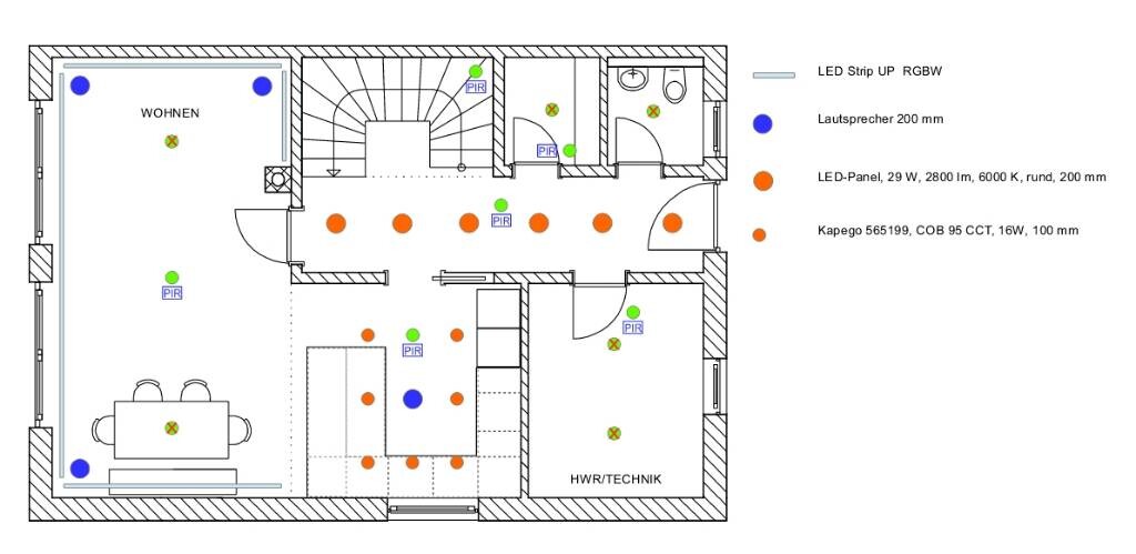 Grundriss einer Wohnung: Wohnzimmer, HWR/Technik, LED-Leuchten, PIR-Sensoren.