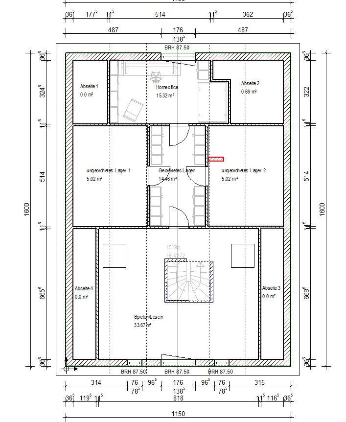 Grundriss eines Gebäudes: Homeoffice, Lagerflächen und Spiel-/Lesebereich mit Treppenhaus.
