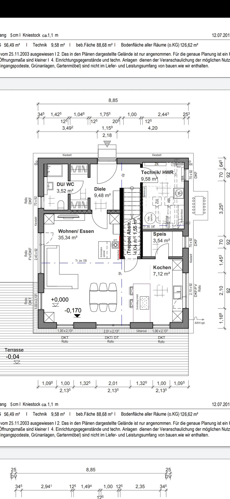 Grundriss eines Hauses: Wohn-/Essbereich, Küche, Diele, Speis, Technik/HWR, DU/WC, Terrasse.