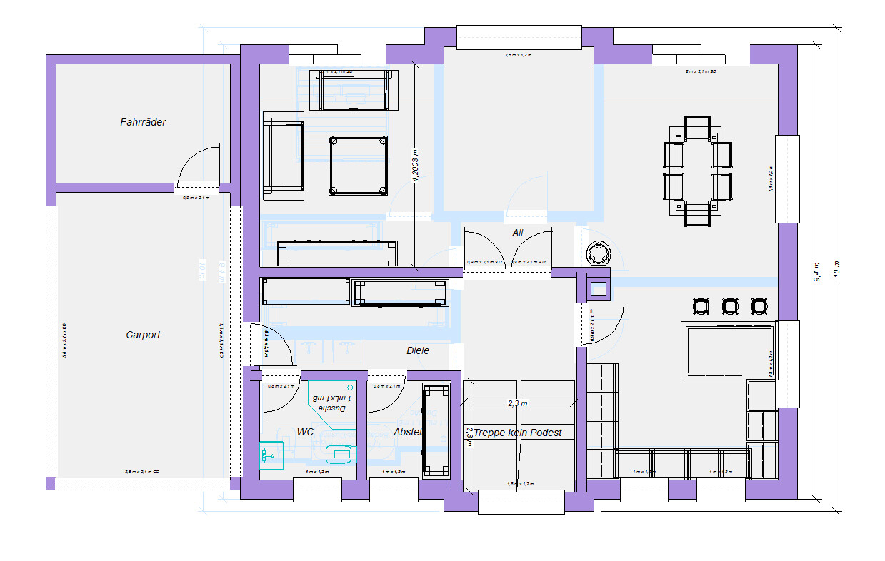Grundriss eines Hauses mit Carport, Fahrradraum, Diele, WC, Abstellraum und Wohnzimmer.
