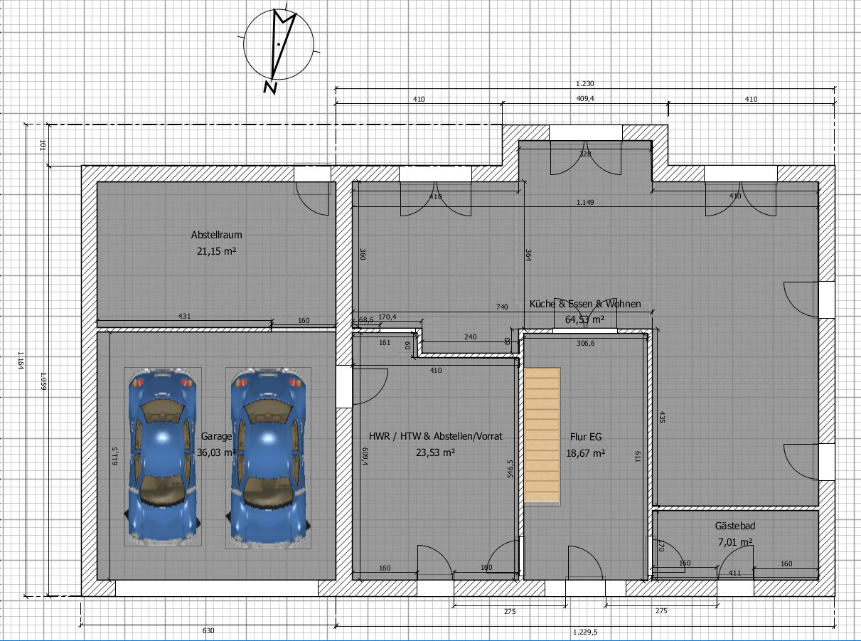 Grundriss: Garage mit zwei Autos, HWR, Abstellraum, Flur EG, Küche/Essen/Wohnen, Gäste-Bad.
