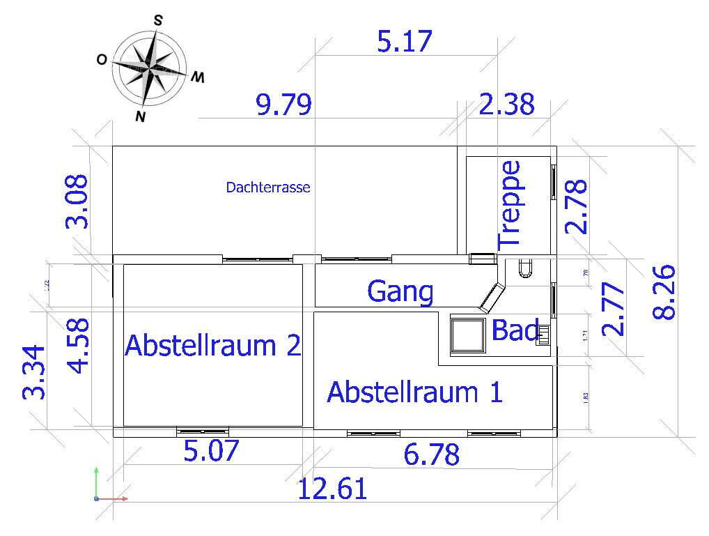 Grundriss: Dachterrasse, Gang, Treppe, Bad, Abstellraum 1/2, Maßangaben.