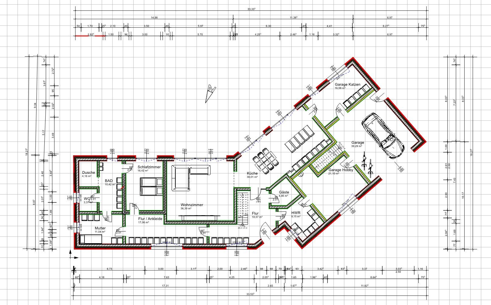 Grundriss eines Hauses mit Wohnzimmer, Küche, Schlafzimmer, Bad, Flur und Garagen