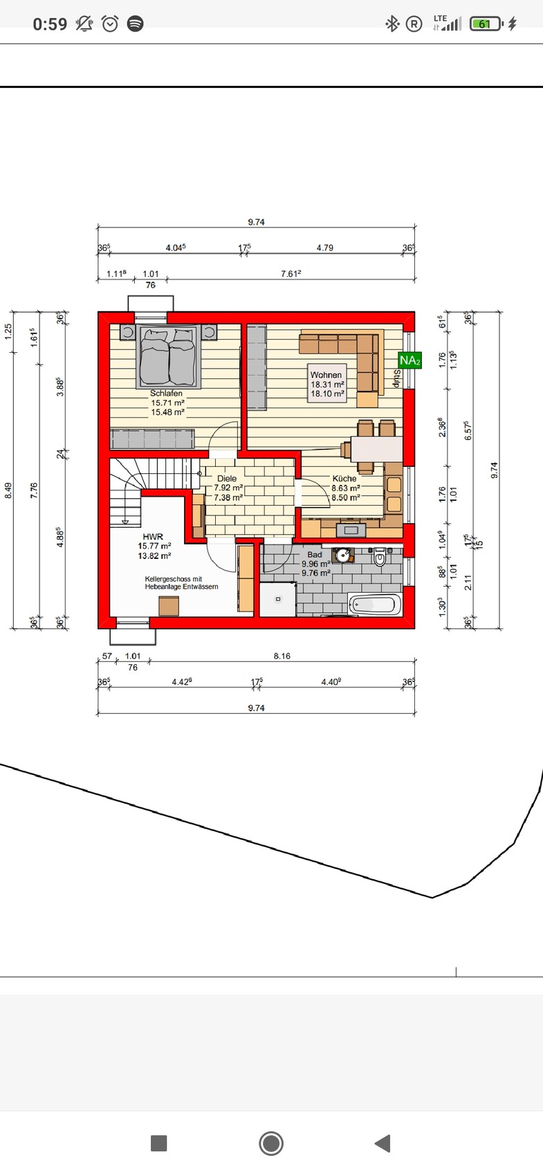 Grundriss eines Hauses mit Schlafen, Wohnen, Küche, Bad, Diele und HWR.