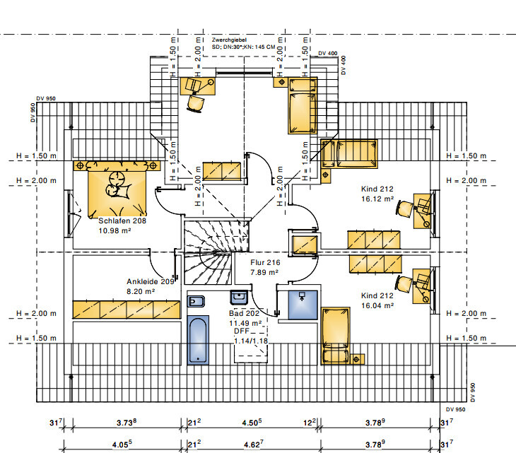Grundriss-Dachgeschoss: Schlafzimmer, Ankleide, Bad, Flur und zwei Kinderzimmer