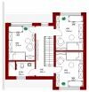 2D Grundriss eines Hauses mit mehreren Zimmern, Flur und Treppe