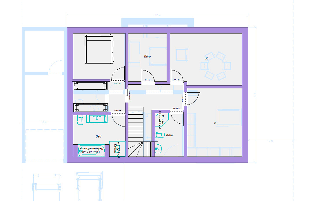 Grundriss eines Hauses: Bad, Schlafzimmer, Büro, Küche, Wohnzimmer; Treppenhaus im Zentrum.