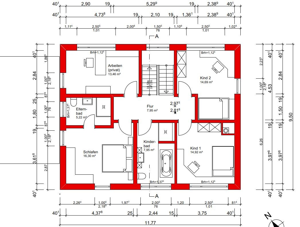 Grundriss eines Hauses: Schlafzimmer, Arbeitszimmer, Kinderzimmer, Bad, Flur, Treppen, rote Wände.