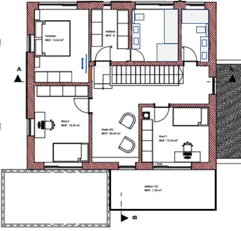 Grundriss eines Wohnhauses mit Schlafzimmer, Kinderzimmer, Büro, Wohnzimmer, Treppenhaus und Balkon.