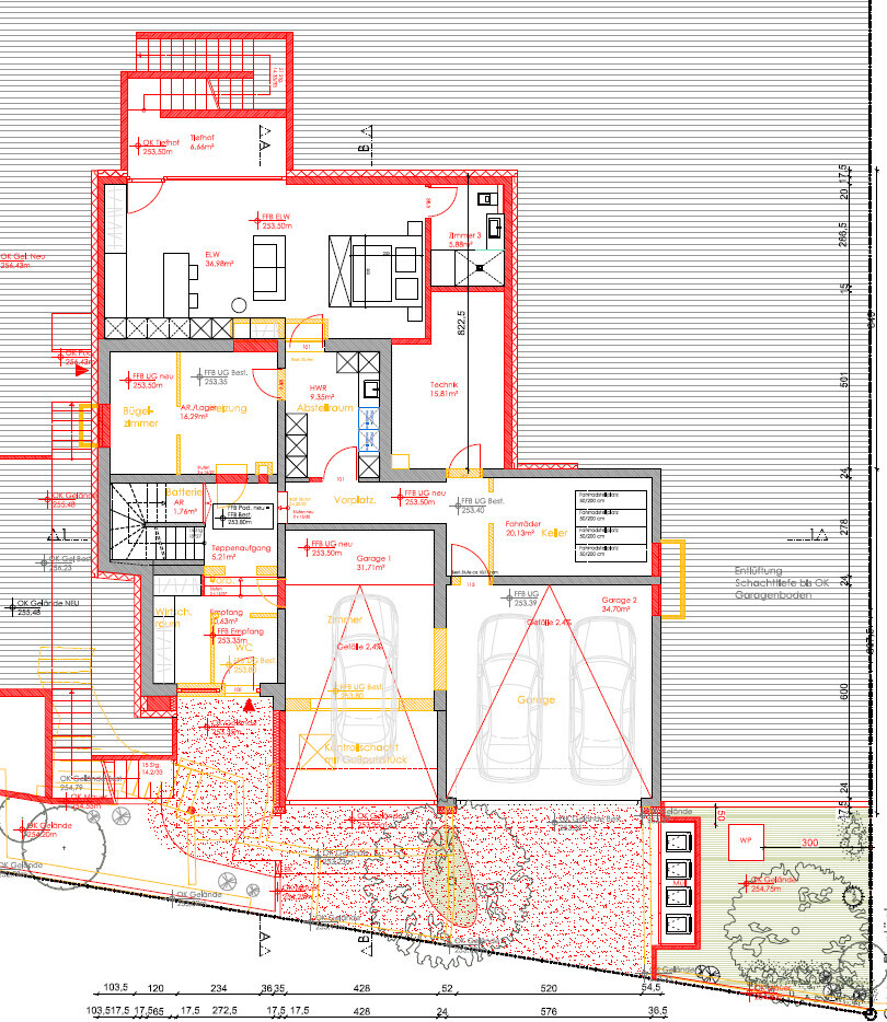 2D-Grundriss eines Hauses mit Garage, Eingangsbereich und Außenbereich
