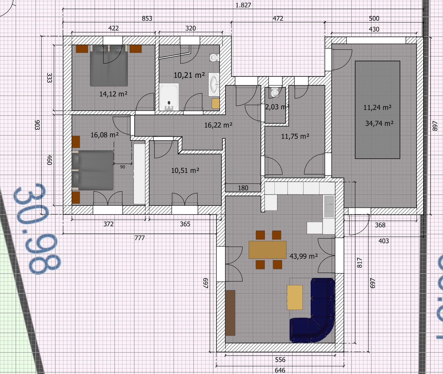 Grundriss eines Hauses mit Küche, Wohnzimmer, Schlafzimmer, Bad und Fluren, Flächenangaben in m².