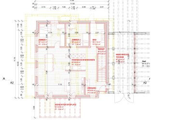Detaillierter Grundriss eines Hauses mit Wänden, Maßen und Zimmern.