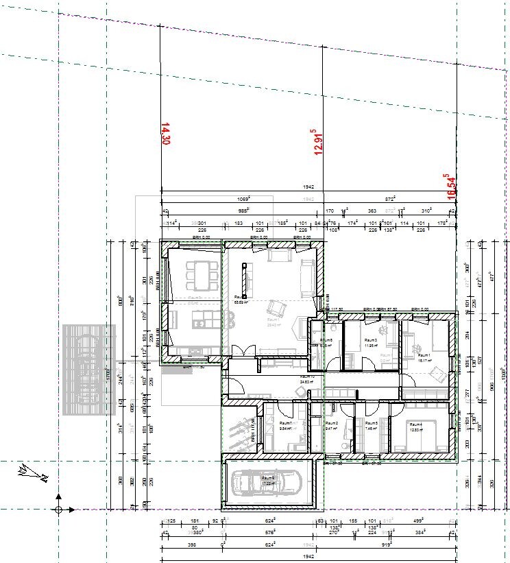Grundriss eines Hauses mit Wohnzimmer, Küche, Bad, mehreren Schlafzimmern und Garage.