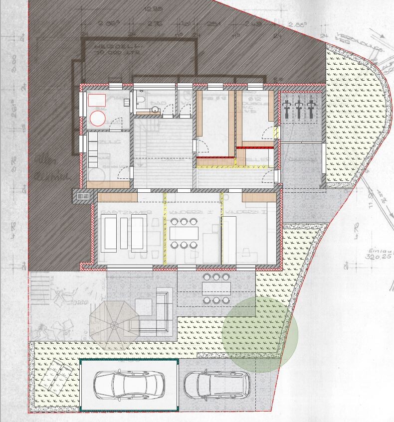 Grundriss eines Hauses von oben mit Räumen, Terrasse, Garten und Parkplätzen