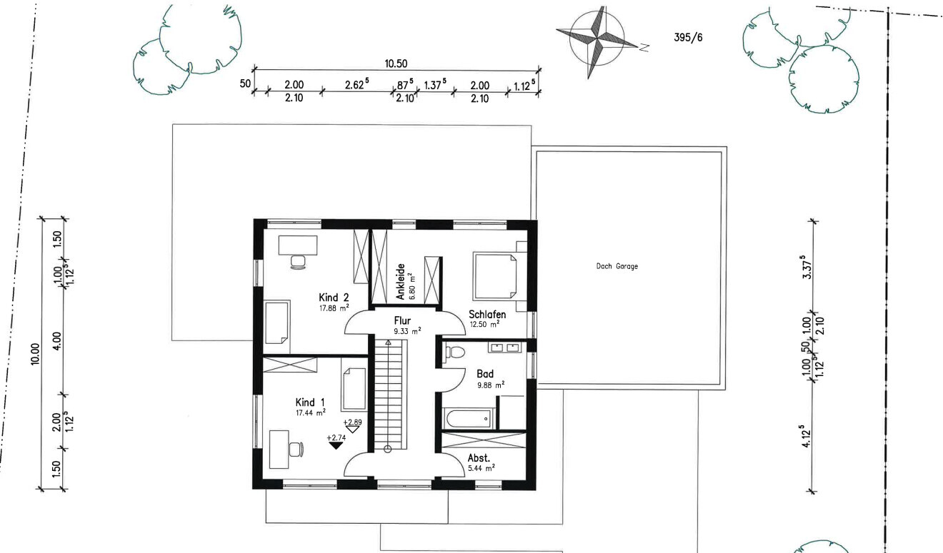 Obergeschoss-Grundriss: zwei Kinderzimmer, Schlafen, Bad, Flur, Ankleide, Abstellraum.