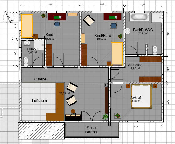 Grundriss eines mehrzimmerigen Wohnraums mit Schlafzimmer, zwei Kinderzimmer, Büro, Bad, Balkon.