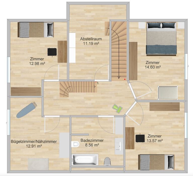 Grundriss eines Hauses mit mehreren Zimmern, Abstellraum, Badezimmer und Treppenhaus.