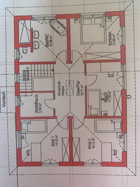 Grundriss eines Einfamilienhauses: zentrale Diele, Schlafzimmer, Bad, Abstellraum und Kinderzimmer.