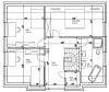 Detaillierter Grundriss eines Hauses mit Wohnzimmer, Küche, Flur und Schlafzimmer