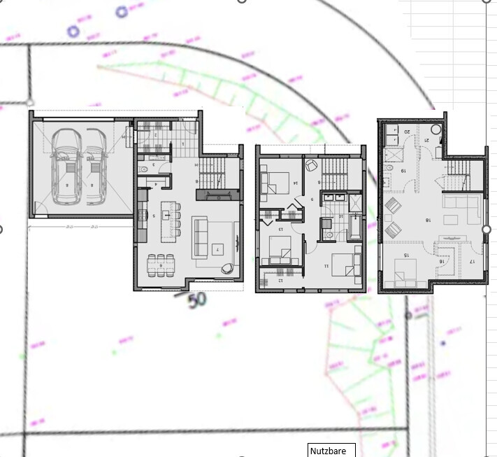 Grundriss eines Hauses mit drei Wohnungen und Garage – übersichtliche Raumaufteilung.