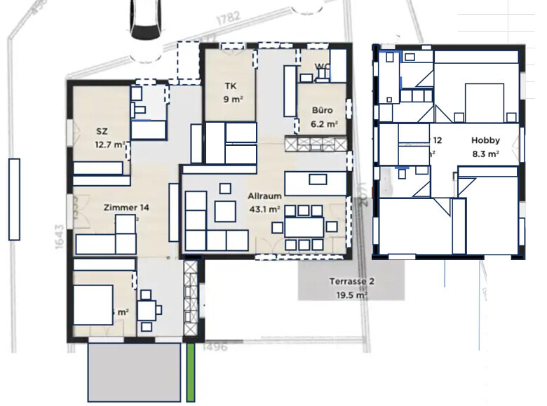 Grundriss eines zweigeschossigen Hauses mit Allraum, Schlafzimmer, Büro, Hobbyraum und Terrasse.