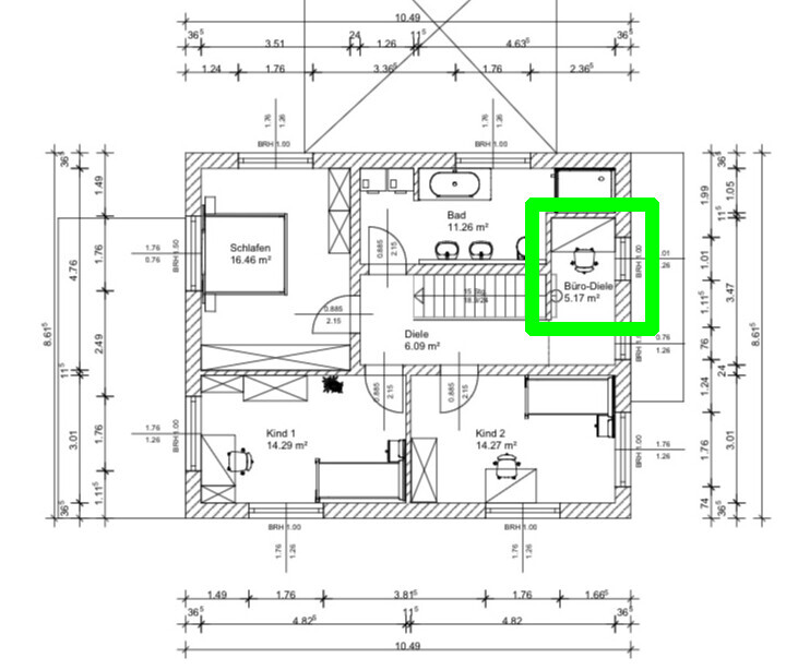 Grundriss eines Hauses: Schlafzimmer, Kind 1, Kind 2, Bad und Diele; grün markierter Büro-Diele-Raum.