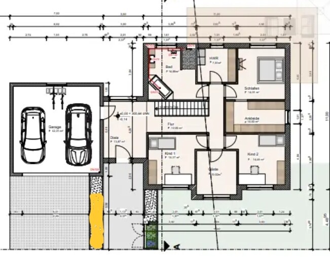 Grundriss eines Hauses mit Doppelgarage, Treppe, Flur, Bad, Küche, Schlafzimmer, zwei Kinderzimmer.