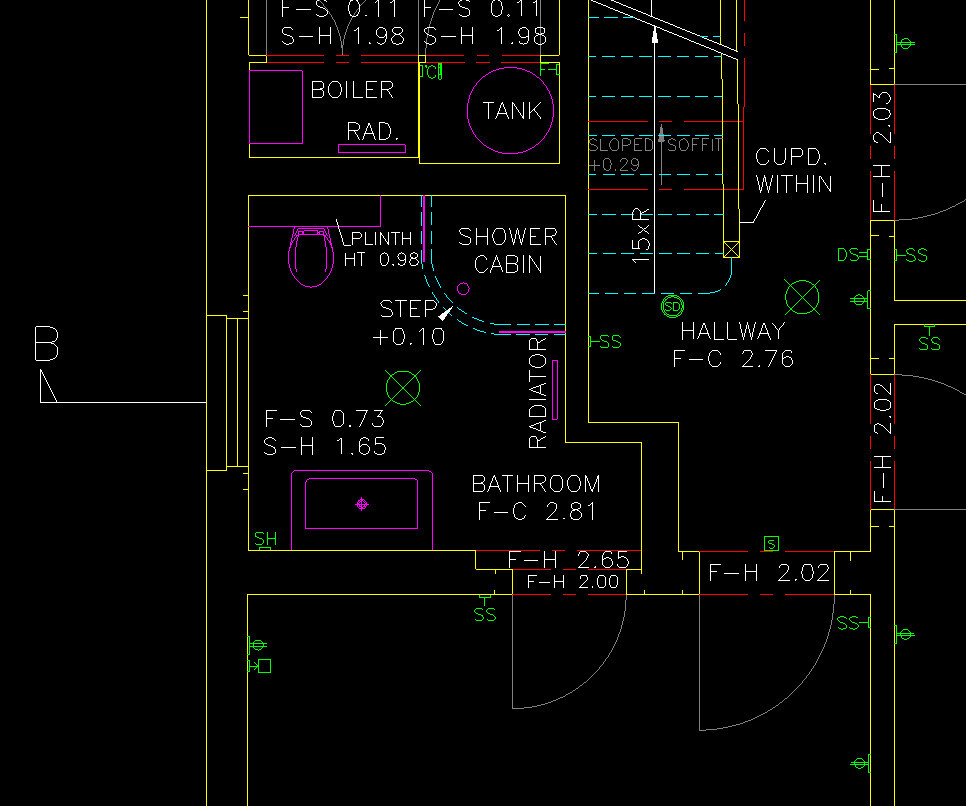 Grundriss einer Wohnung: Bad, Badezimmer, Dusche, Flur, Heizkörper, Boiler, Tank