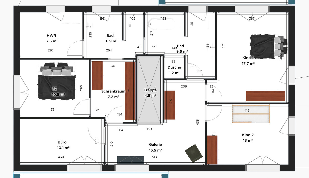 Grundriss eines Hauses mit HWR, Bad, Dusche, Schlafzimmer, Büro, Galerie und zwei Kinderzimmer.