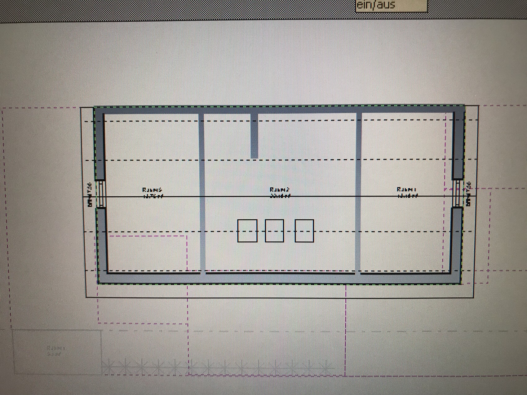 CAD-Zeichnung eines rechteckigen Bauteils mit Innenrahmen, drei Abschnitten und drei Quadrate.