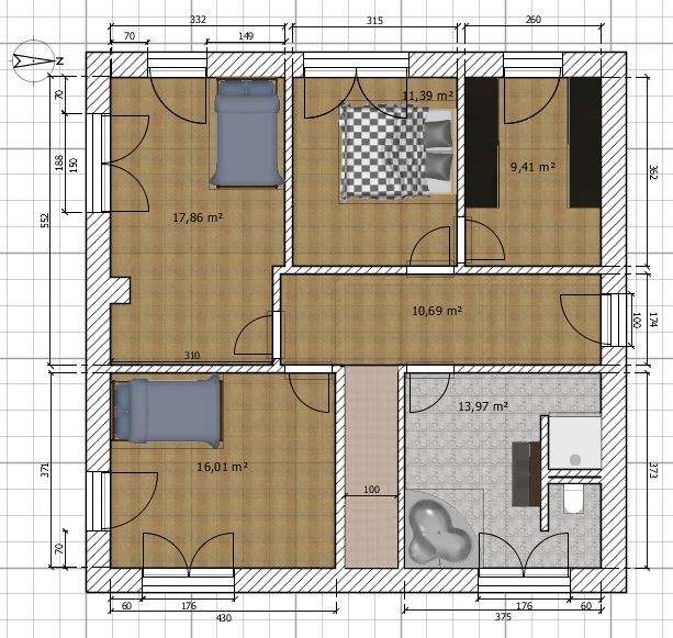 Grundriss eines Hauses mit mehreren Schlafzimmern, Bad, Flur und Betten.