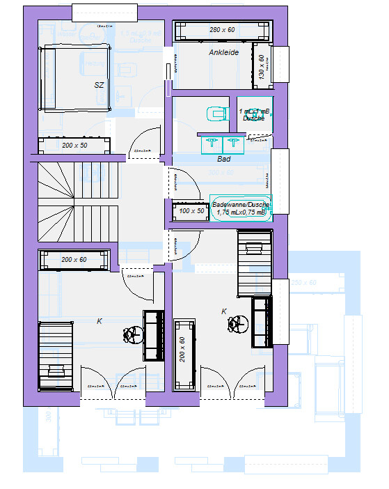 Grundriss: Schlafzimmer, Ankleide, Bad mit Dusche, Badewanne, zwei Küchen, Treppenhaus.