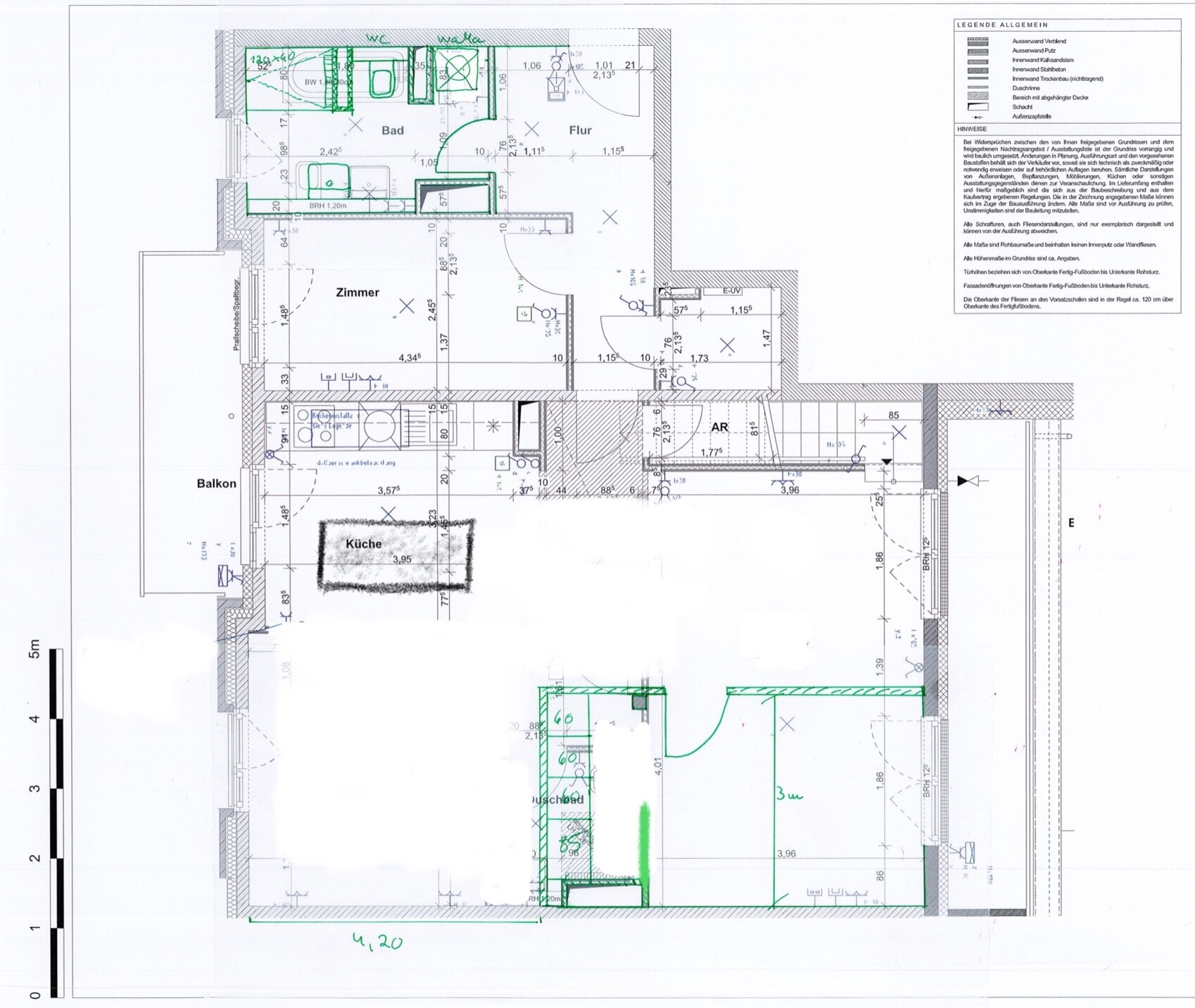 Grundriss einer Wohnung: Küche, Zimmer, Bad, Flur, Balkon und Abstellraum.