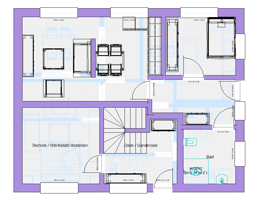 Grundriss eines Hauses mit Treppenhaus, Diele, Garderobe, Technik/Werkstatt, Bad und Räume.