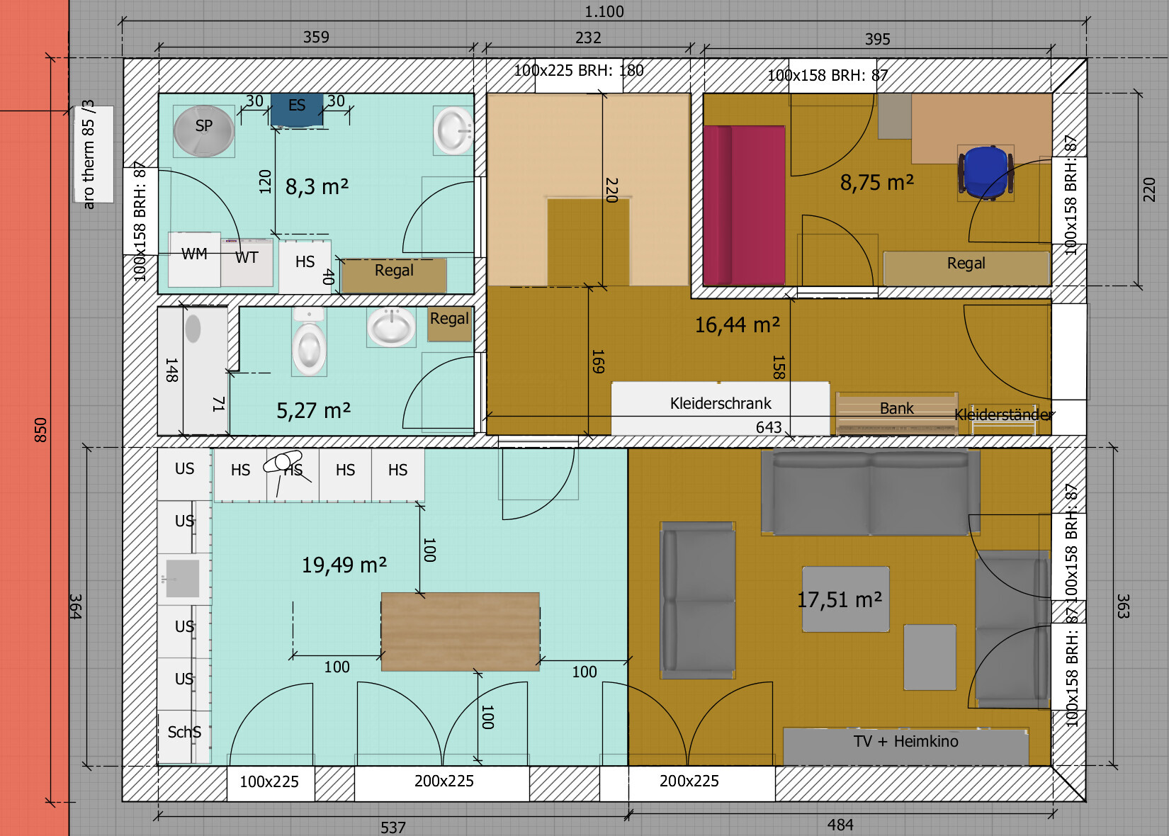 Detaillierter Grundriss eines Hauses mit Flächenangaben (m²) und Möbeln.