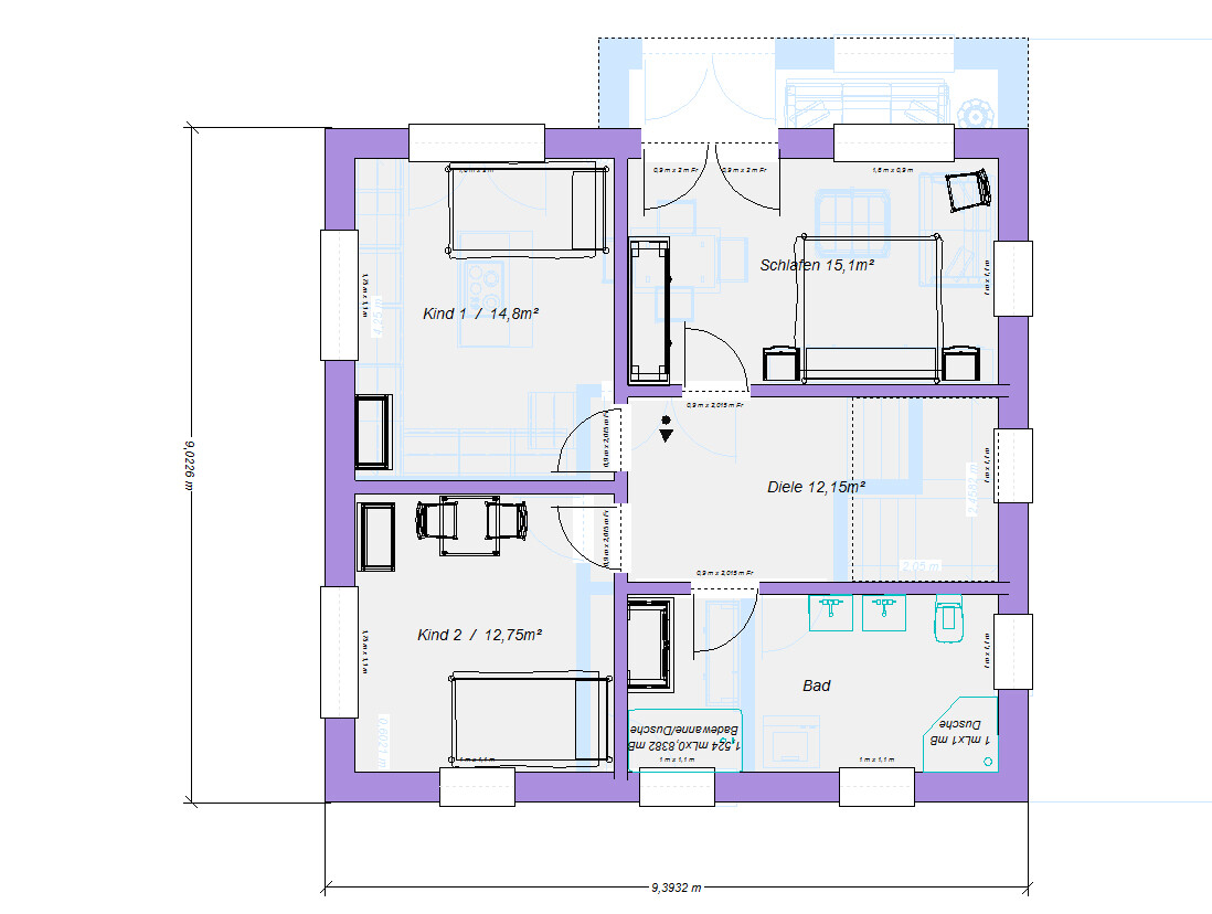 Grundriss eines Wohnhauses mit Diele, Bad, Schlafzimmer und zwei Kinderzimmer.