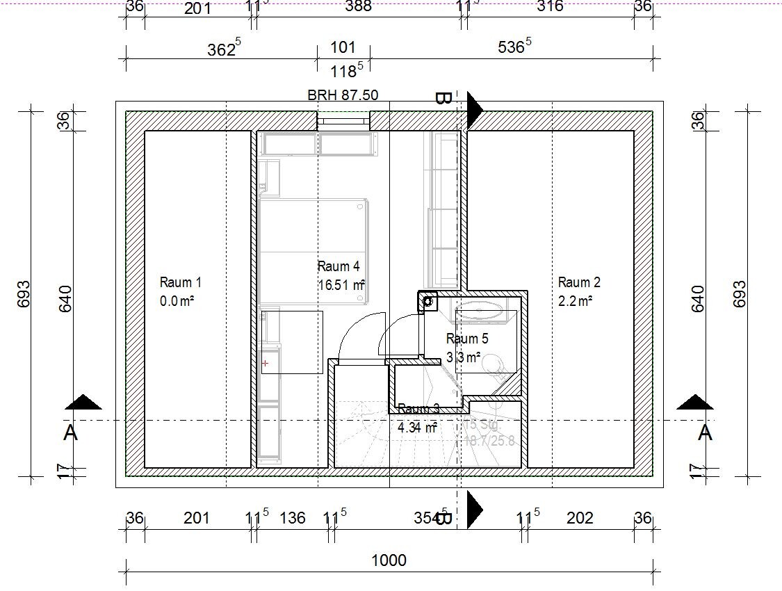Grundriss einer Wohnung mit 5 Räumen (Raum 1–5), Bad, Küche, Maßlinien.
