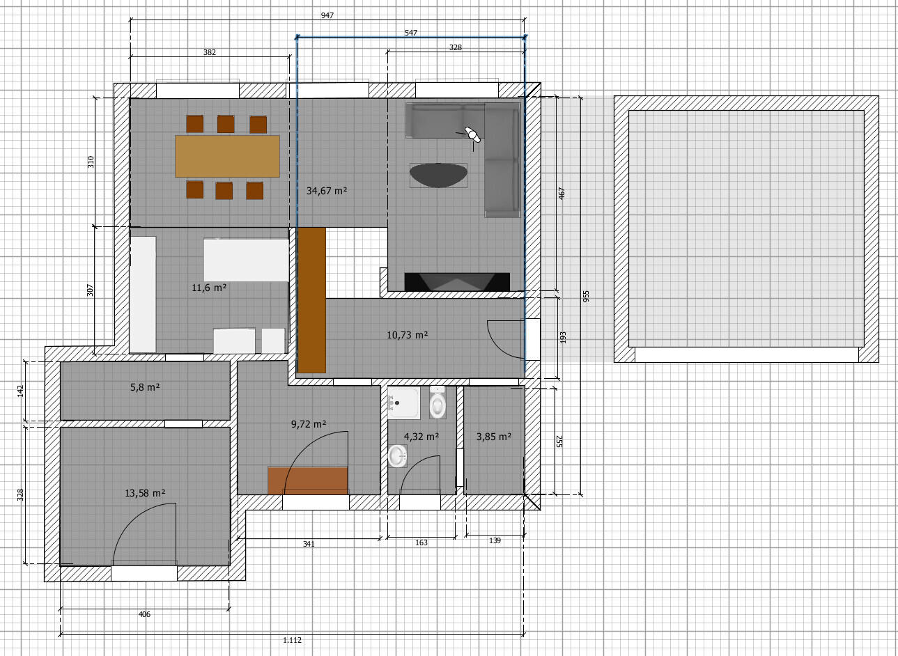 Grundriss eines Hauses: Küche, Essbereich, Wohnzimmer, Flur, Bad, Schlafzimmer.